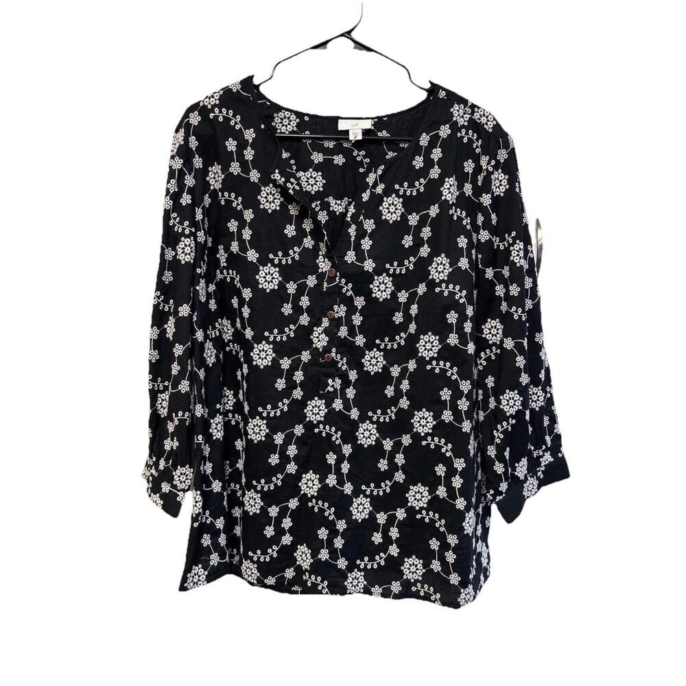 J.Jill Floral Print Top XL Eyelet Black Balloon Sleeve Popover Cotton V Neck